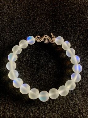 Frosted White Beaded Bracelet with Seahorse Charm
